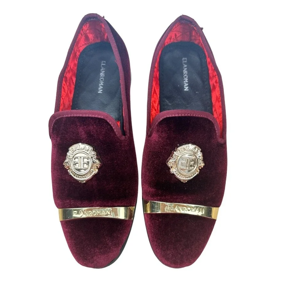 ELANROMAN Men's Loafers Wine Red Velvet With Gold Accent Dress Shoes_SZ 11‎ EU45